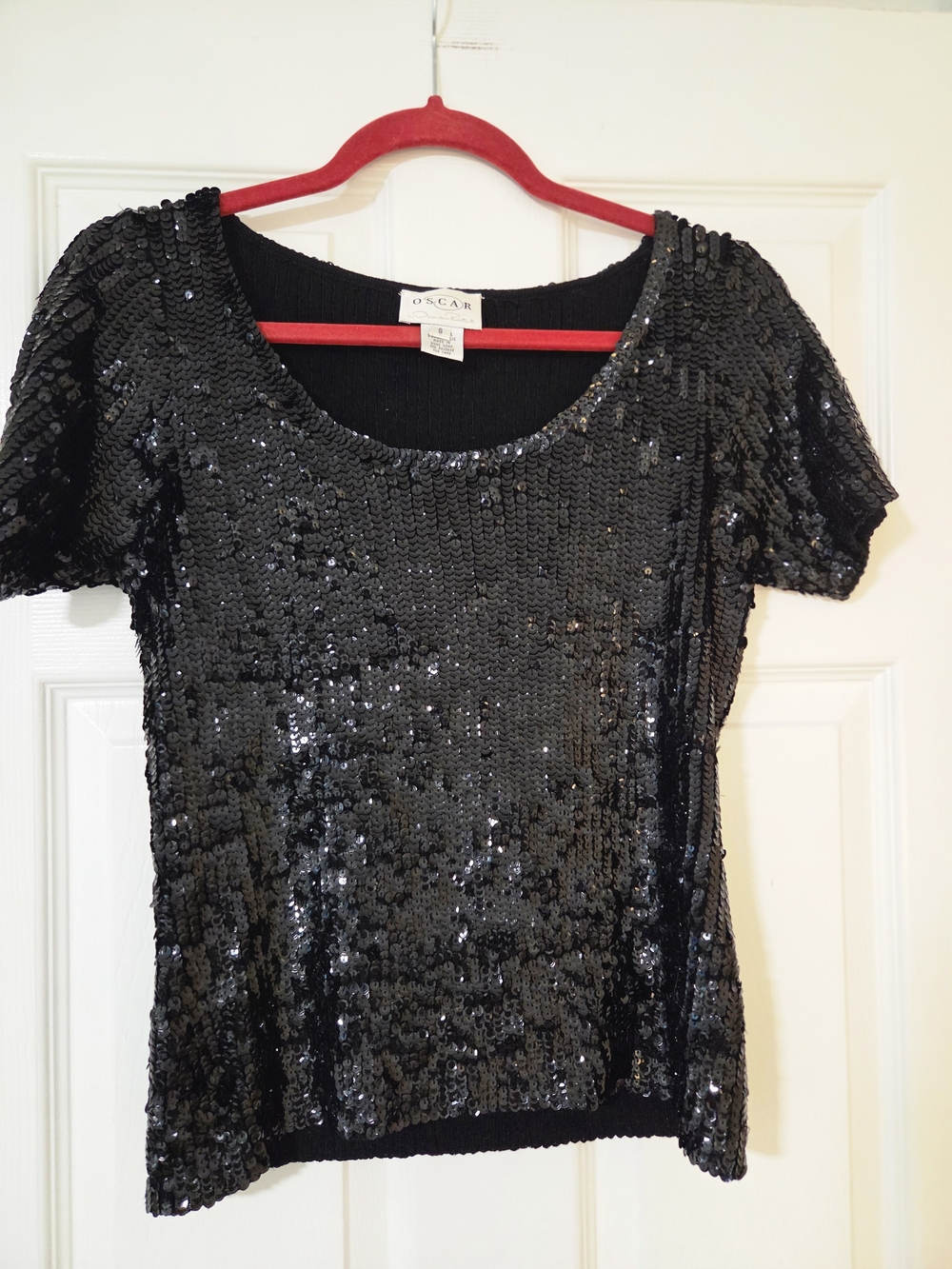 Oscar De La Renta Black Sequin Short Sleeve Lined Top. Wedding Date Evening. S